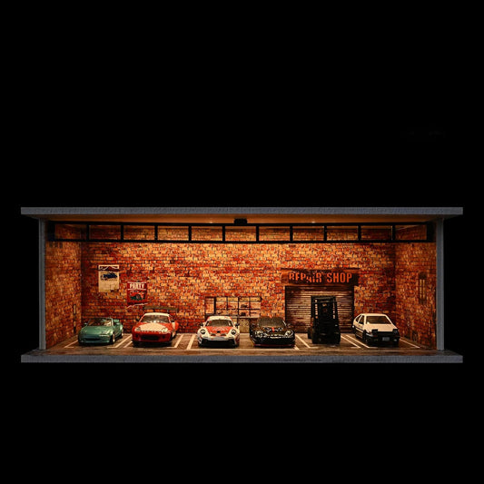 1:64 vintage American garage diorama with LED lights and acrylic cover