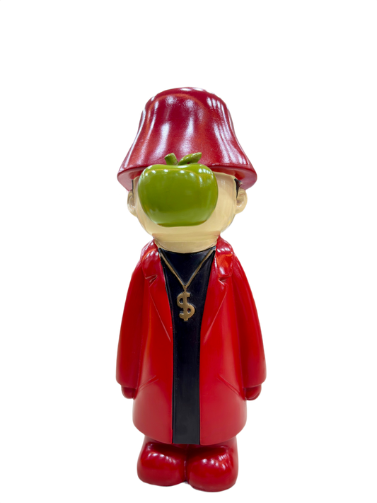 13.5 Inch Urban Swag Resin Showpiece – Red Coat Figurine with Green Apple Face & Dollar Chain