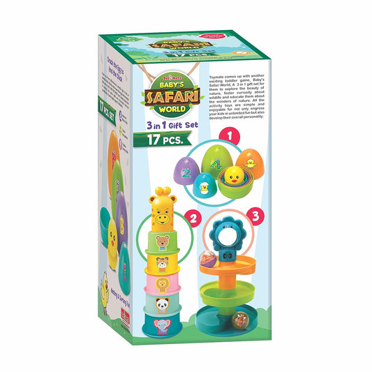 Toy Mate Baby's Safari World 3-in-1 Gift Set 17 Pcs | Number Matching Eggs, Animal Stacking Cups & Rolling Ball Tower | Educational Learning Toy for Babies & Toddlers 12–36 Months