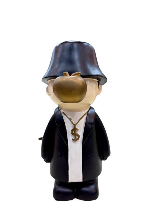 Front view of 9.5 inch resin showpiece in black coat with golden apple face and dollar chain, modern art figurine for home décor