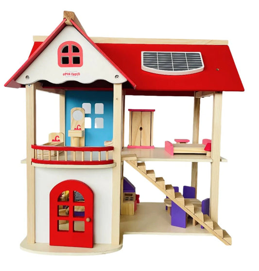 Redwood Cottage Wooden Dollhouse Playset | 2-Story Modern Wood Villa with 21 Pcs Furniture & Figures