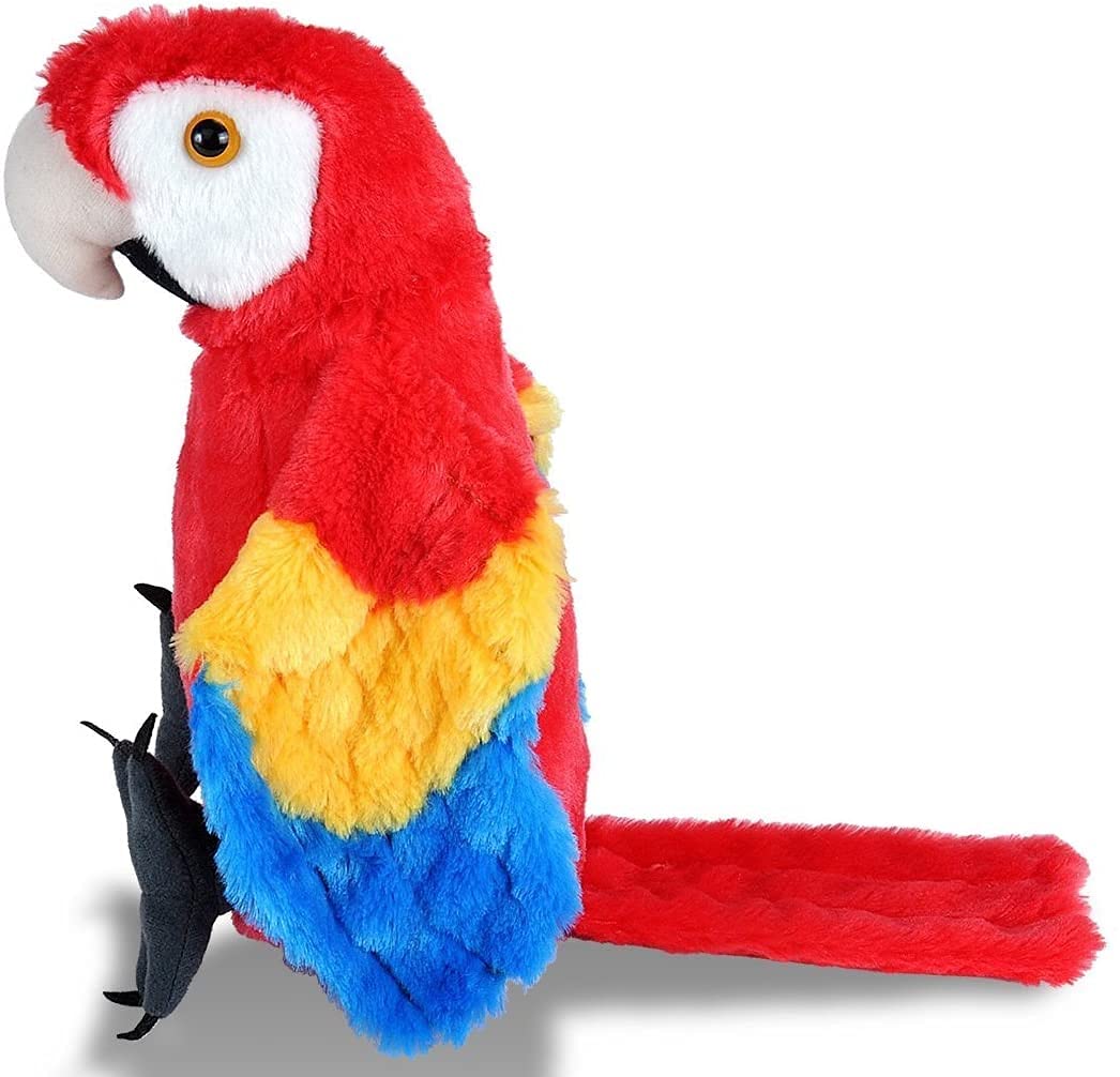 Plush toy parrot with red, yellow, and blue feathers on a white background
