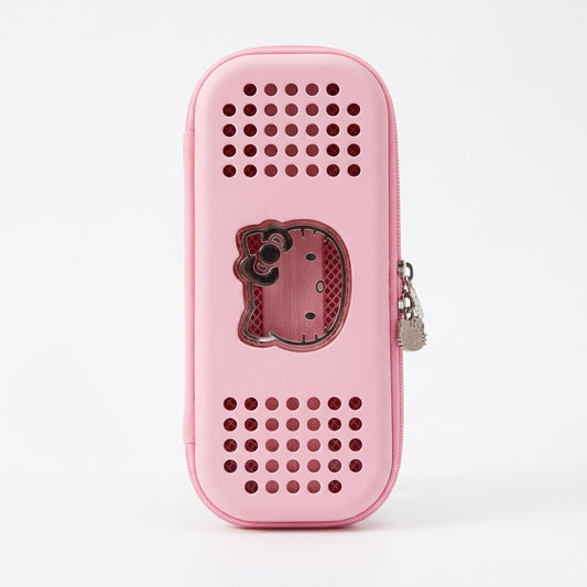 Pink structured pencil case with silver charm zipper pull and bear cutout window for school