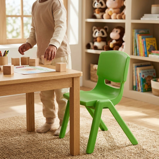 Children's green plastic chair with ergonomic backrest and wide stable legs