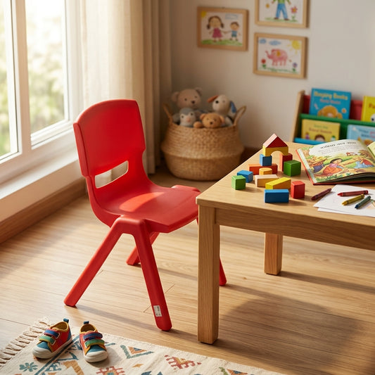 Children's red plastic chair with ergonomic backrest and wide stable legs