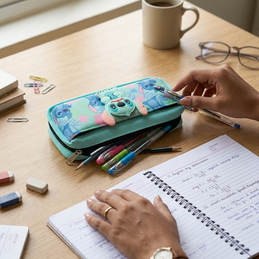 Person using a colorful pencil case on a desk with a notebook and coffee cup.