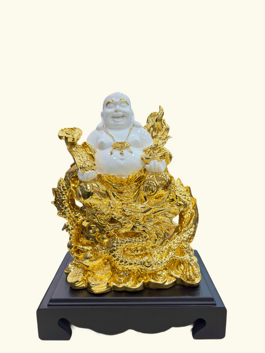 Dragon Laughing Buddha Statue – White & Gold Decor