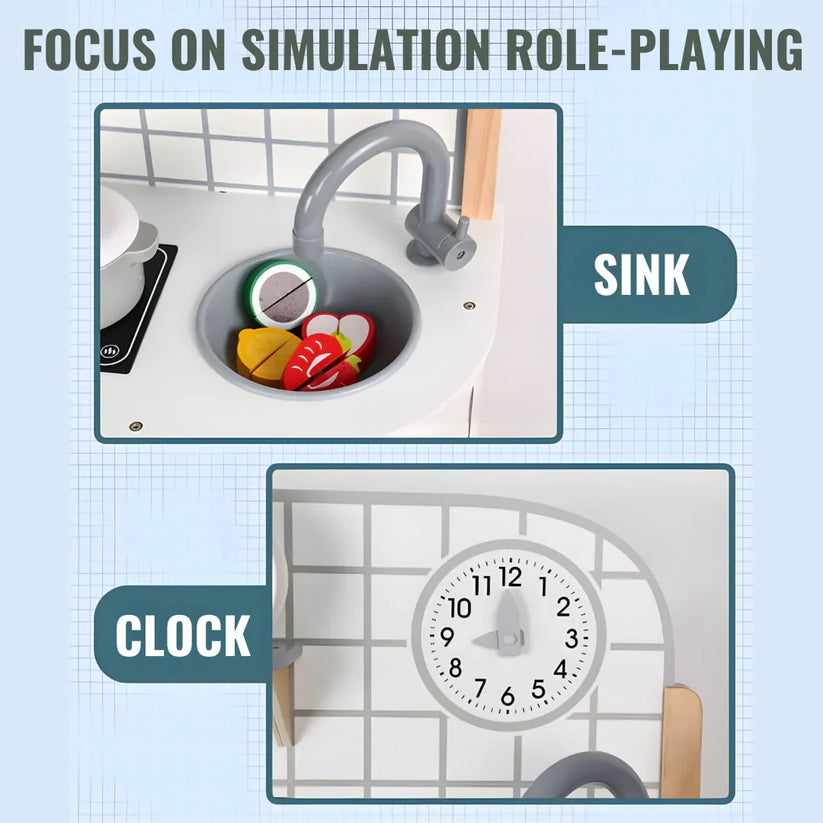 friendly wooden kitchen playset for toddlers made with safe non-toxic materials.