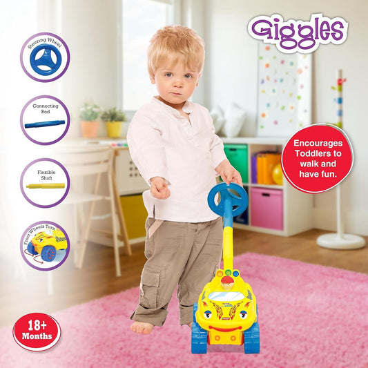 Child holding a toy with Giggles branding in a room with colorful storage bins.