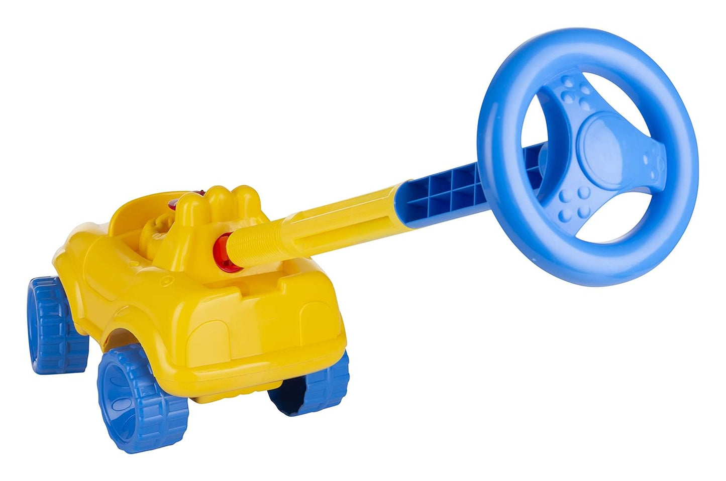 Toy bulldozer with blue wheels and a blue steering wheel