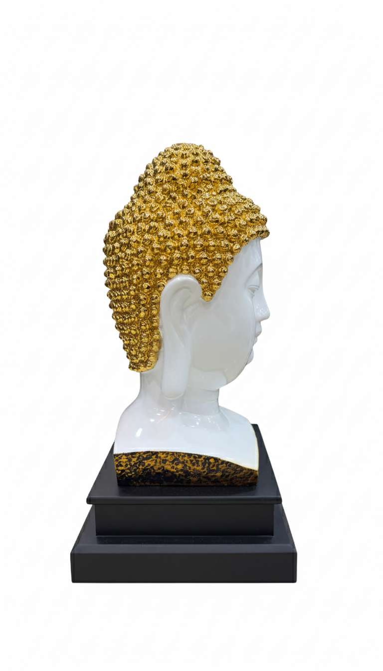 White and golden Gautam Buddha idol made of premium Polly stone for home decor, meditation space, and gifting