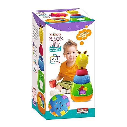 Baby playing with colorful giraffe stacking ring tower toddler learning toy