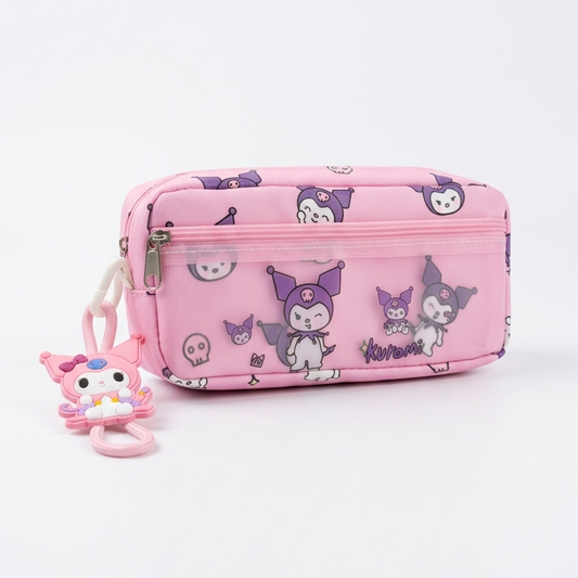 Kuromi pink printed pencil pouch front view for girls kawaii