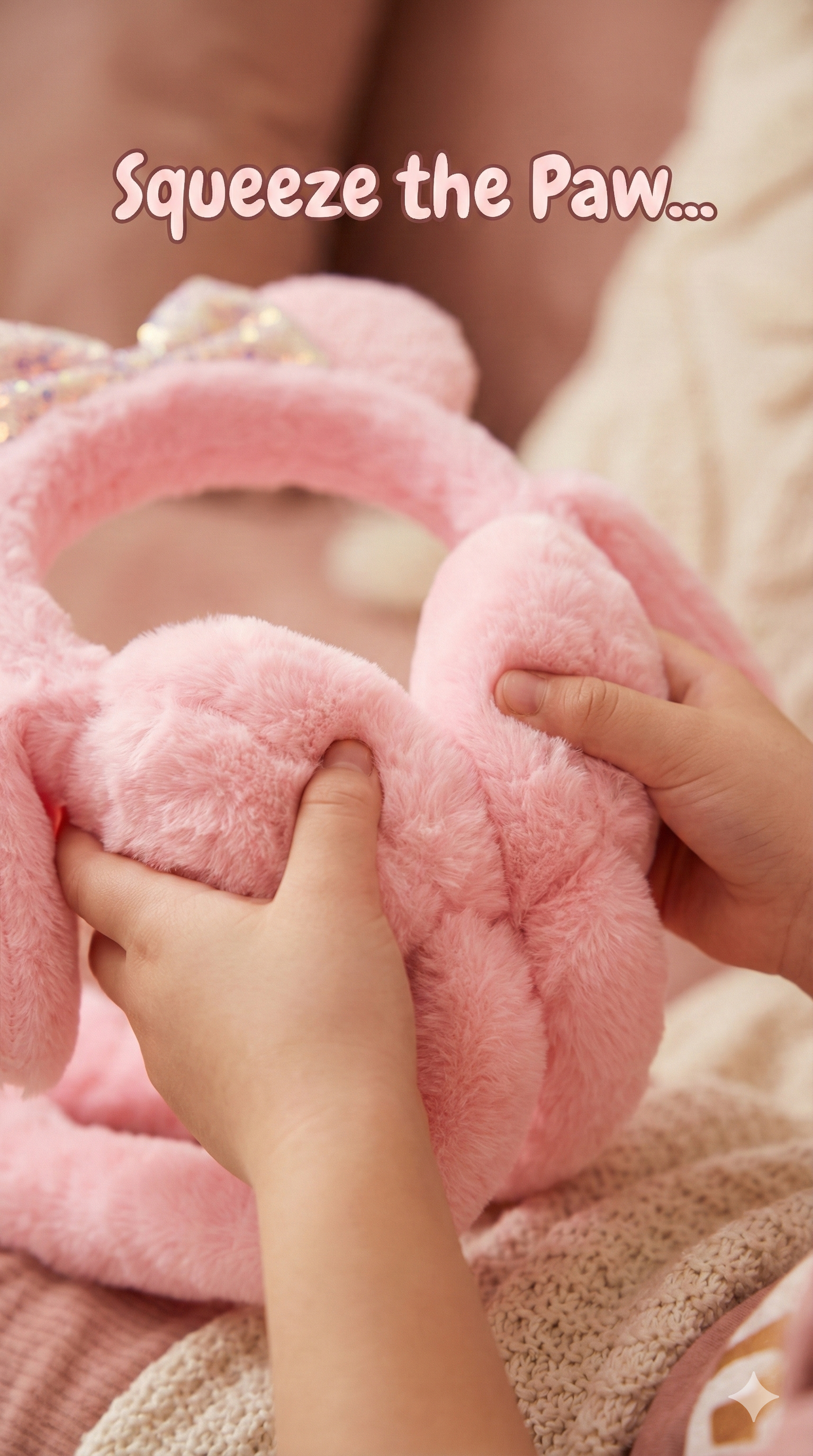 Pink plush toy with hands squeezing it, text 'Squeeze the Paw' above.
