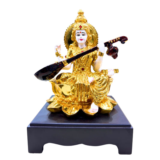 Handcrafted Goddess Saraswati Idol in Gold Finish Resin Sitting on Lotus with Veena – 26.6 cm Decorative Statue for Home & Office