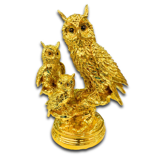 Front view of Golden Owl Family Showpiece – Premium Resin Owl Statue with Metallic Gold Finish for Home & Office Decor