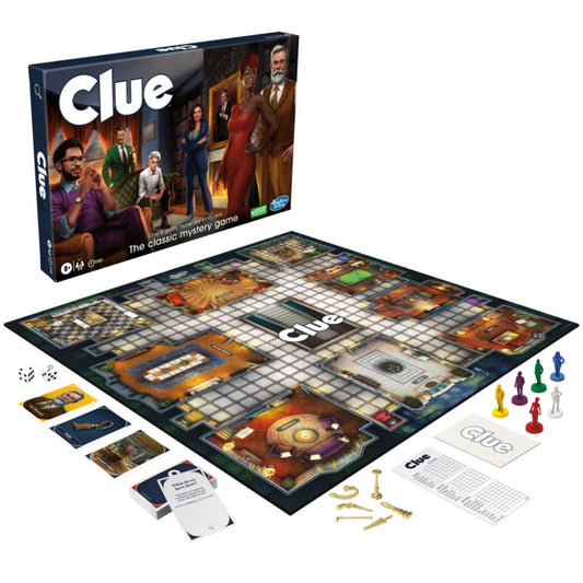 Hasbro Clue Board Game setup with cards and pieces