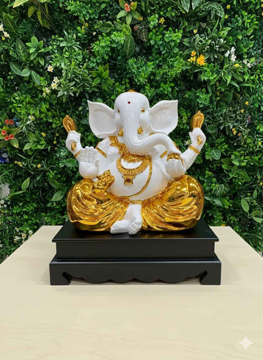 Golden Polystone Sitting Ganesha Idol – Hindu God Statue for Home Mandir & Spiritual Gift
