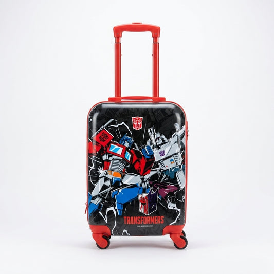 Kids hard shell trolley bag with Transformers character print and red spinner wheels, 18 inch, age 3 plus