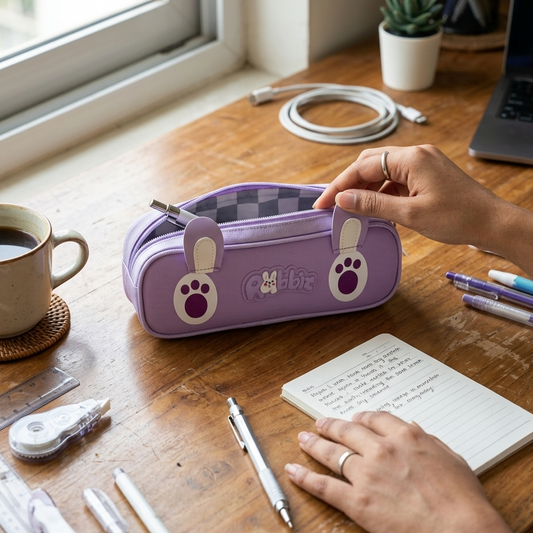 Aesthetic rabbit pencil bag wide open zipper mesh panel lavender