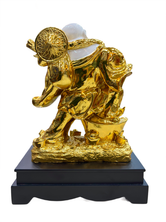 "Handcrafted Laughing Buddha Statue in White and Gold with Wooden Base – 15.5 Inch Spiritual Decor and Prosperity Figurine for Home Decor, House Warming Gift, Gift item