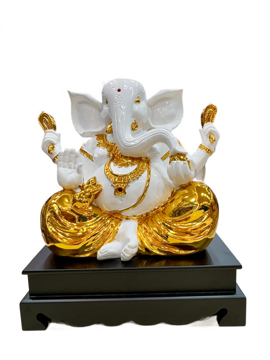 Golden Polystone Sitting Ganesha Idol – Hindu God Statue for Home Mandir & Spiritual Gift