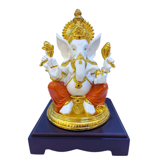 Handcrafted Lord Ganesha Idol in Gold Finish Resin with Orange Dhoti – 32.25 cm Decorative Statue for Home Temple and Office Décor
