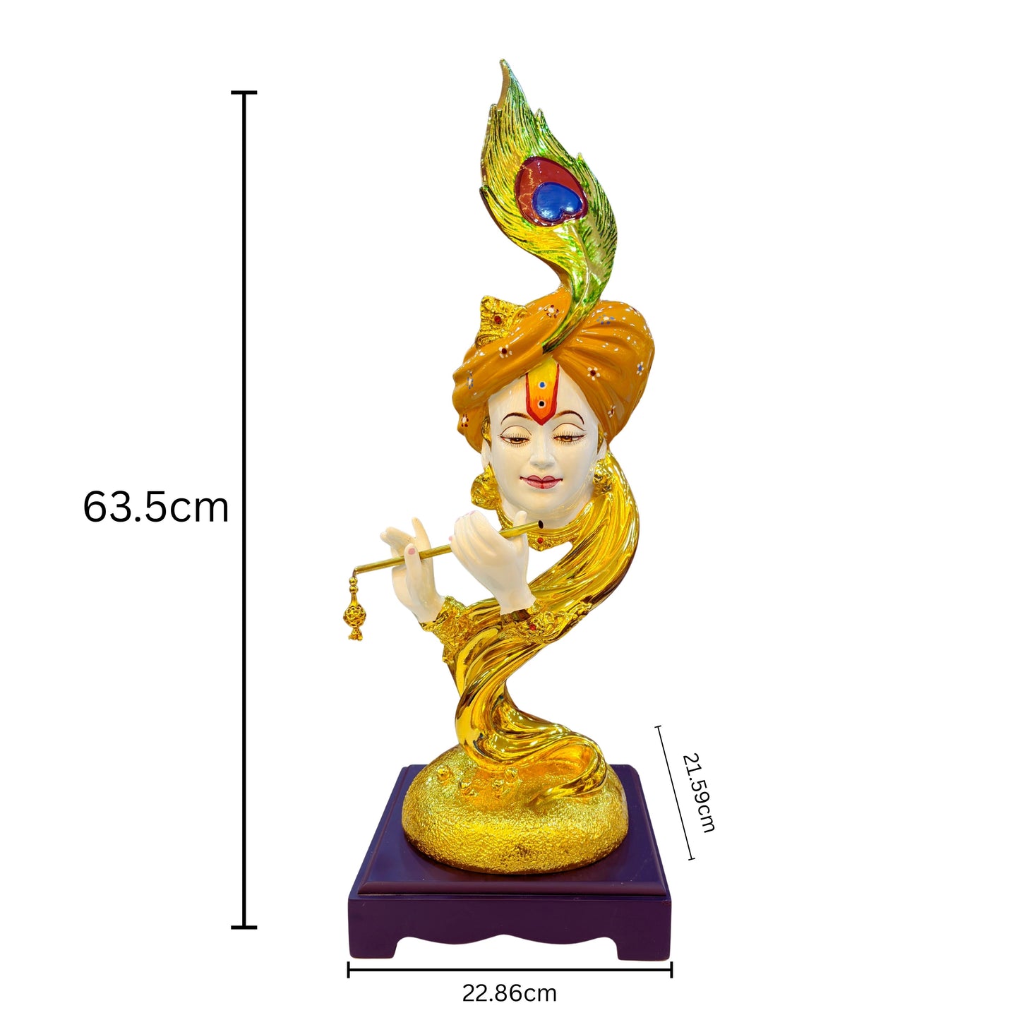 Lord Krishna flute idol displayed on home altar – golden resin statue for spiritual décor and gifting.