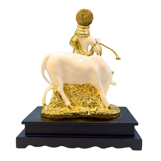 Handcrafted Lord Krishna Idol with Cow – Gold Finish Resin Statue of Krishna Playing Flute for Home Temple & Décor (35.8 cm)