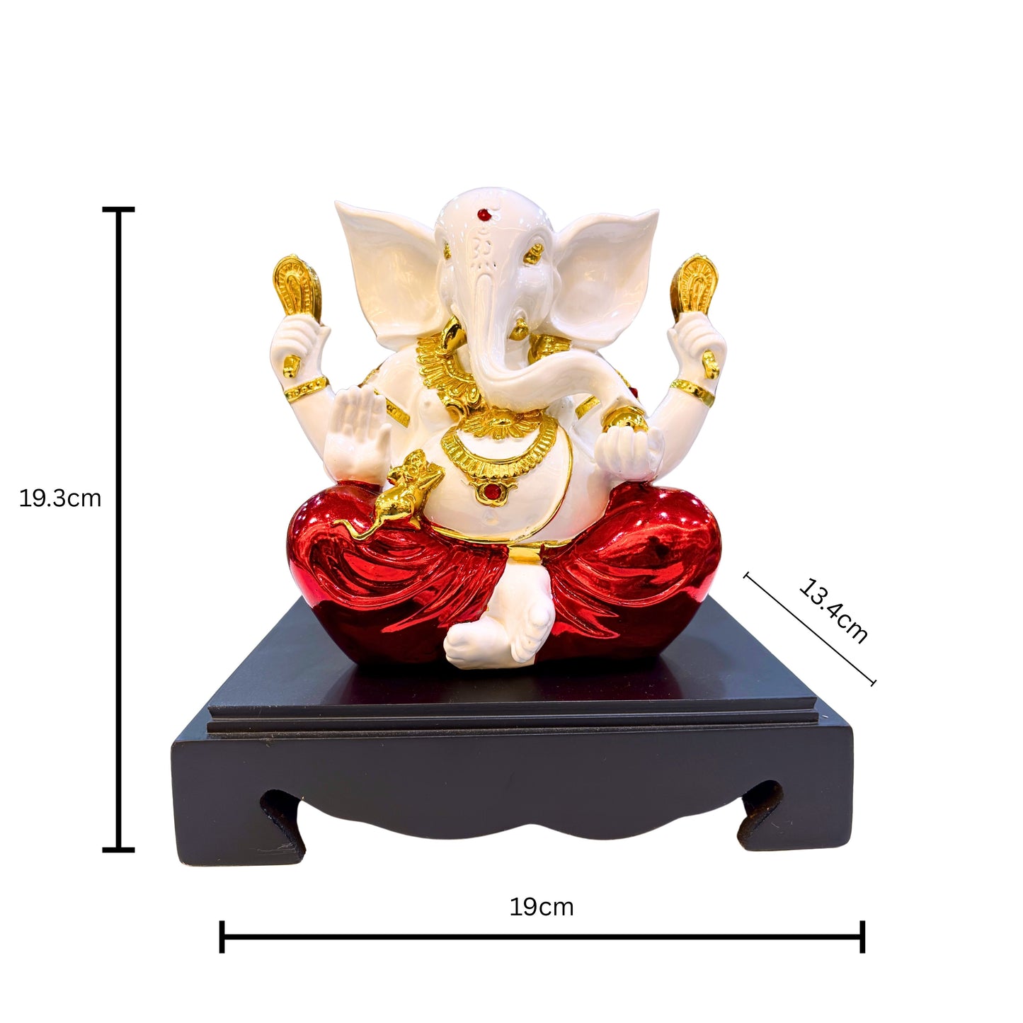 Lord Ganesha Idol with full dimensions – 19.3 cm Height, 19 cm Length, 13.4 cm Width – White and Red Resin Ganpati Statue for Prosperity & Blessings