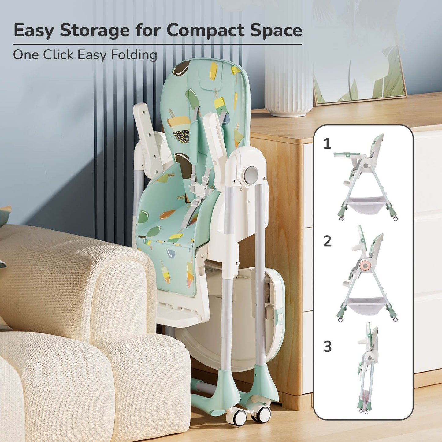 Foldable Marshmallow high chair for compact storage.