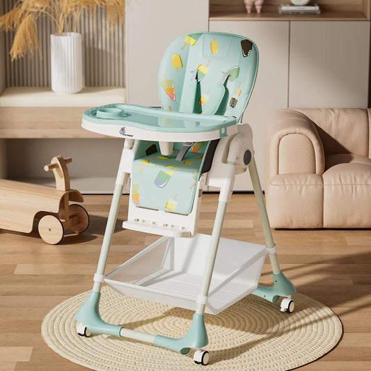 Baby high chair with 3 recline modes for feeding and resting.