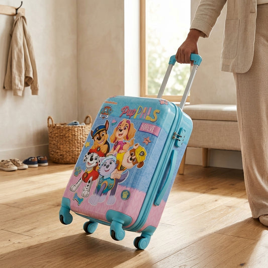 Adult pulling pink and blue 20 inch Paw Patrol hard shell kids trolley bag with teal spinner wheels indoors