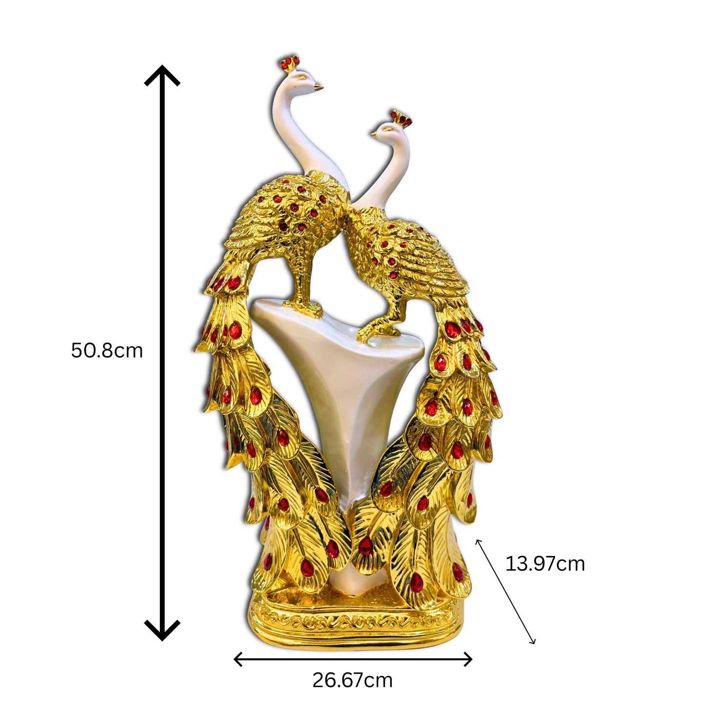 Golden peacock couple statue displayed on tabletop – luxury polystone showpiece for living room, office, and gifting décor