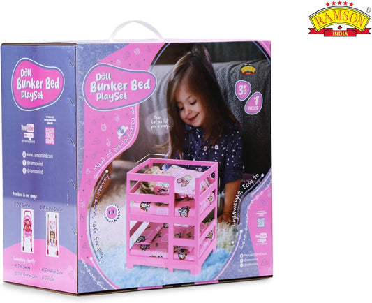 Pink wooden doll bunk bed playset with printed bedding for kids