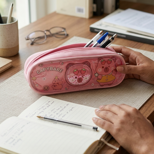 Kawaii Capybara pencil bag pink cartoon design for school girls