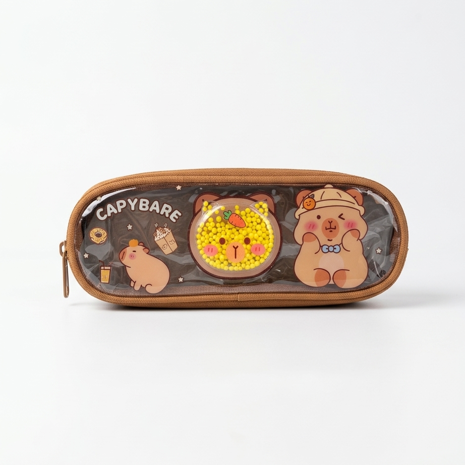 Cute capybara pencil pouch with transparent window and beads