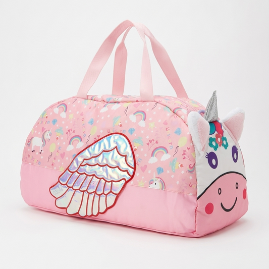 Unicorn kids duffle bag pink 3D face holographic wing front view girls