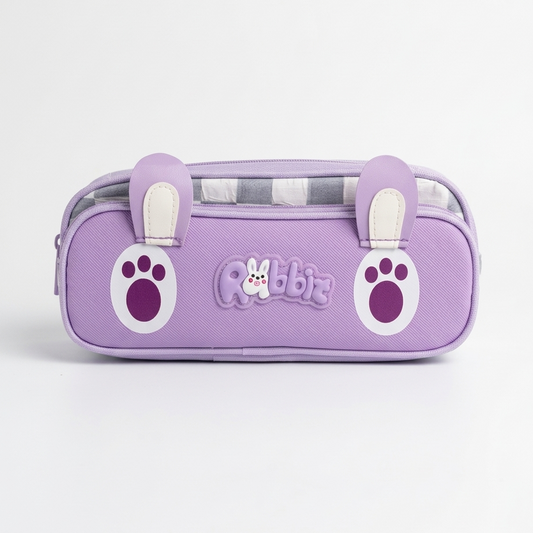 Cute rabbit pencil pouch lavender purple front view for girls kids