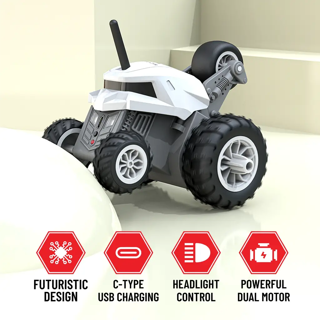 Rechargeable RC stunt car with USB charging cable for children.