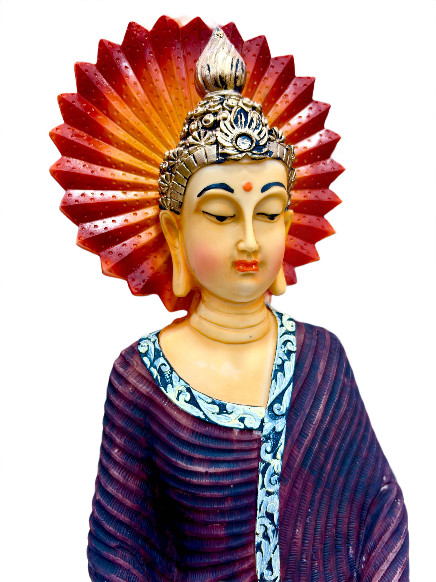 Gautam Buddha Statue for Home Decor – 16 Inch Handcrafted Resin Idol with Red Sun Halo for Peace & Positive Energy