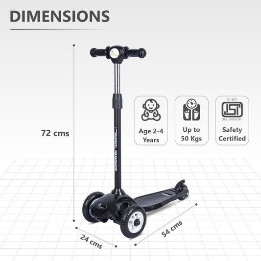 Black scooter with dimensions and safety certification