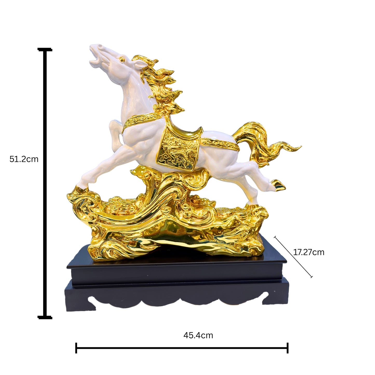 Golden polystone horse showpiece placed on black base – artistic home décor