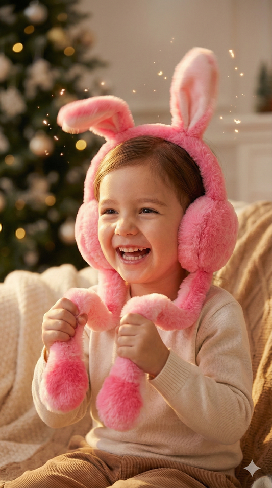 Little girl wearing soft pastel rainbow bunny earmuffs with a warm winter outfit.