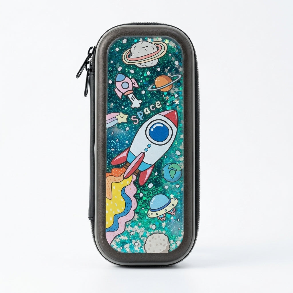 Space theme pencil pouch for kids with rocket design