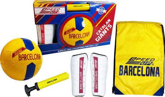 Speed Up Barcelona Champions Football Set with ball, pump, bag, and shin guards