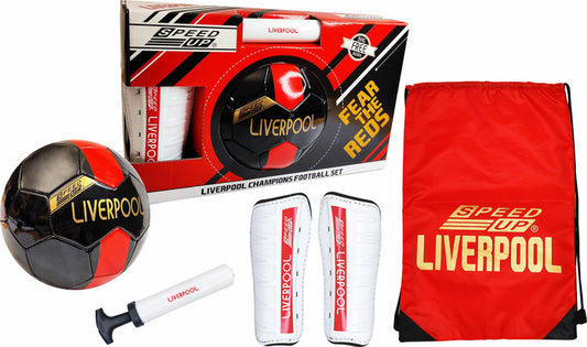 Speed Up Liverpool Champions Football Set with ball, shin guards, pump, and carry bag