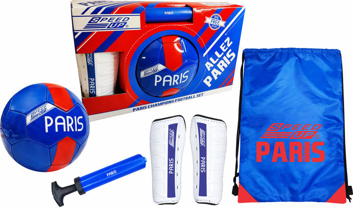 Speed Up Paris Champions Football Set with ball, pump, bag, and shin guards