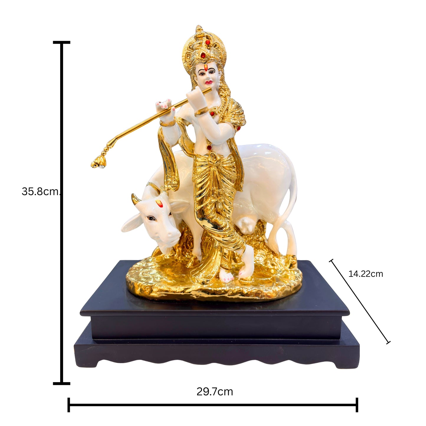Handcrafted Lord Krishna Idol with Cow – Gold Finish Resin Statue of Krishna Playing Flute for Home Temple & Décor (35.8 cm)