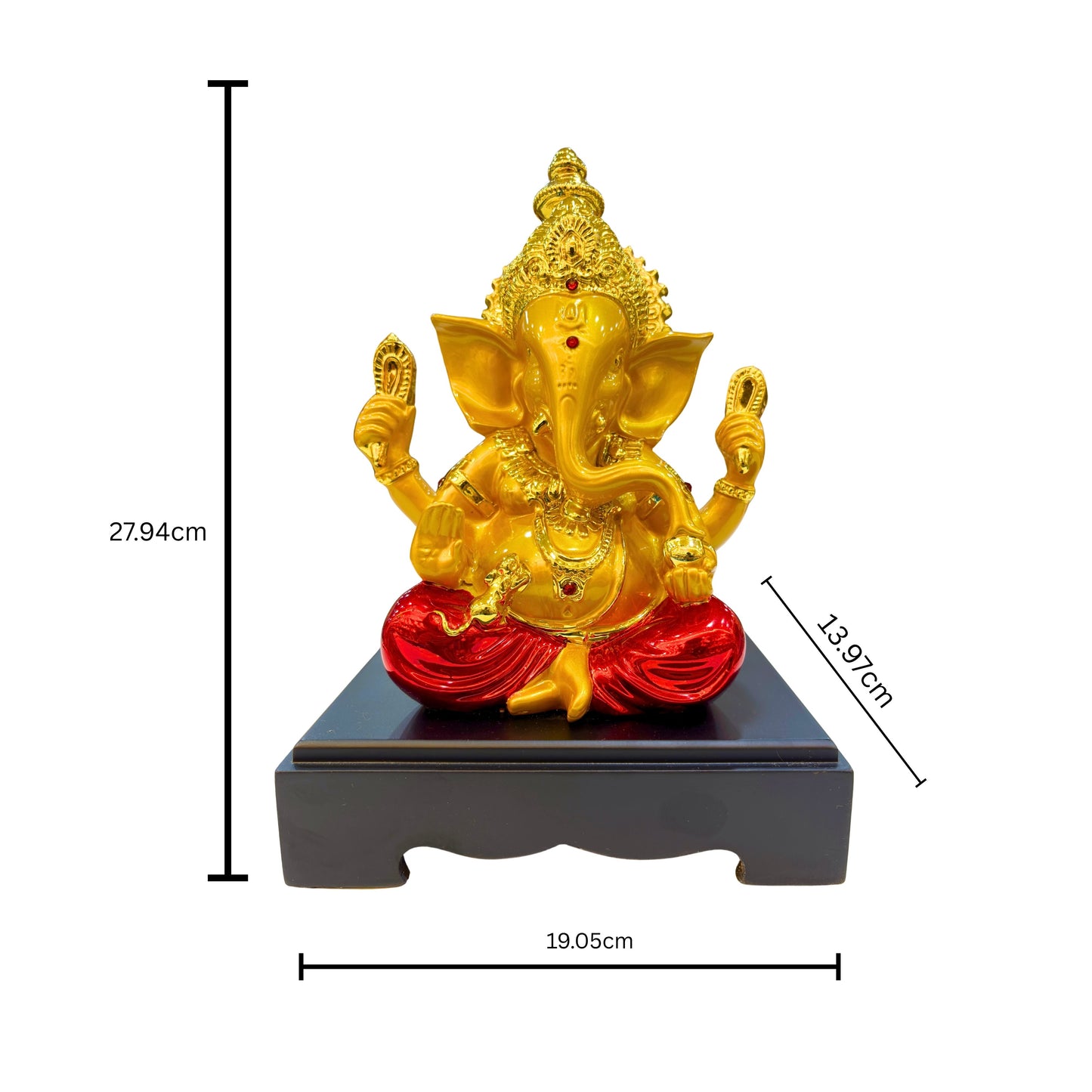 Premium resin Lord Ganesha idol in gold and red finish – handcrafted Hindu god statue for home temple and office.